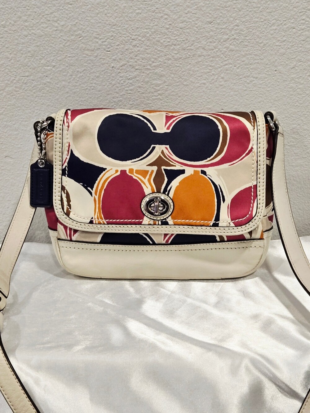Coach Multicolor Signature Cream Crossbody with Navy, Pink & Orange Accents